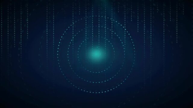 Abstract digital technology background with glowing blue concentric circles and falling data particles