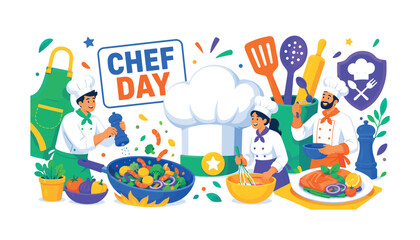 Fototapeta premium Culinarians Cooking Day banner scene with three expressive stylized human chefs preparing food around an oversized chef hat and giant cooking utensil set, apron reaching side edge, skillet touching