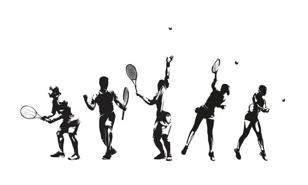 Tennis players in action, isolated vector illustration of male and female athletes performing different strokes, serves and playing poses. Black sports silhouettes. Group of men and women