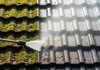 Obraz premium Powerful water jet from a pressure washer removes thick green moss from roof tiles, creating mist and splashing droplets in the bright air, misting, mist, roof