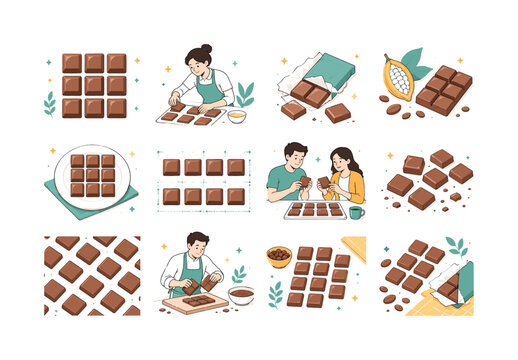 Milk Chocolate Pattern. Geometric chocolate squares, milk chocolate flat lay, dessert tile arrangement, clean food pattern and minimalist sweet composition. 12 minimalist editorial vector scenes: