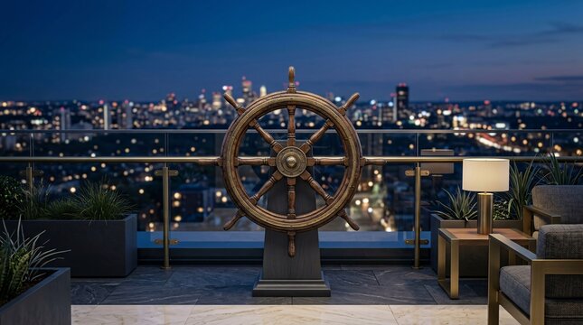 Antique wooden ships wheel on a dark corporate rooftop terrace at twilight.