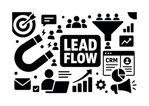 Lead Generation Marketing Banner. Clean solid composition of magnet, funnel, users and CRM charts spread across canvas with oversized magnet attracting people icons, small marketing elements near