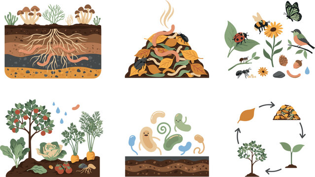 Soil health and organic composting ecosystem vector set featuring underground layers with worms roots mushrooms compost piles beneficial microbes and garden harvest.