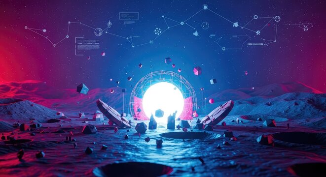 Vibrant lunarpunk landscape with a luminous sphere, geometric shapes and rusty debris under a solarizing sky showing digital connection, vision, wallpaper, pattern