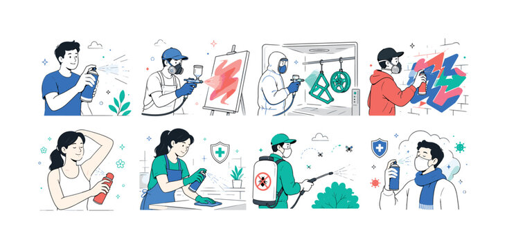 Aerosol Spray Uses colorful editorial illustration set, not icons, create 8 separate small editorial illustrations about hand aerosol spray, airbrush painting, powder coating, graffiti wall panel,