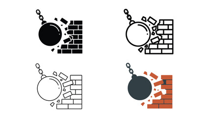 Four different colored icons of wrecking balls hitting brick walls © Vector designer