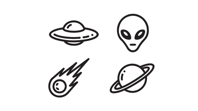 Black line art icons of UFO, alien, meteor, and planet with ring in space theme