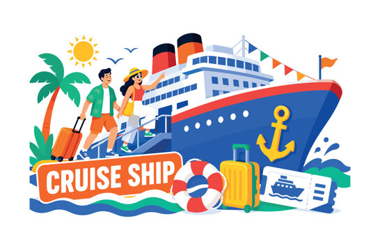 Cruise Ship banner, two cheerful stylized tourists boarding an oversized cruise ship with giant anchor, ship deck spans the full width, ocean waves touch bottom edge, lifebuoy, suitcase and ticket