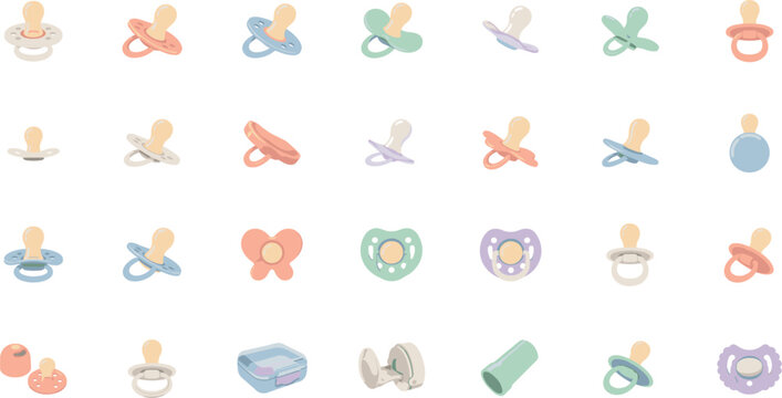 Baby pacifier and newborn soother flat vector icon set featuring colorful dummy nipples teething clips storage cases and cute nursery infant care elements