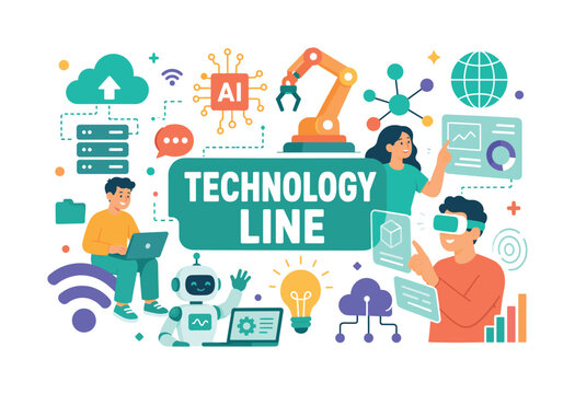 Technology Line Icons Banner Technology Line Icons vector banner illustration futuristic tech AI robotics network cloud innovation scene 2?3 characters interacting with digital systems edge-to-edge