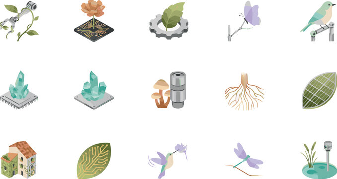 Biotechnology and ecological science vector icon set featuring microscope analysis green leaves crystals plant roots birds and environmental research elements.