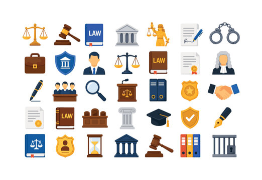 Law Justice Court icon set prompt Law Justice Court 35 flat vector icons scales gavel handcuffs courthouse law justice legal symbols PURE WHITE BACKGROUND. Colorful flat vector icons...