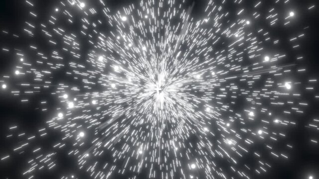 Abstract Glowing White Particle Explosion and Hyperdrive Light Trails on Dark Background