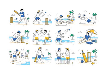Fototapeta premium Beach Cricket Match. Seaside cricket, bat and ball game, wickets, sand sport, competition, teamwork, fitness, tournament and summer recreation. 12 minimalist editorial vector scenes: a player swings a
