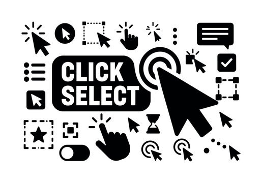 Pointer Cursor Click Banner. Clean solid composition of cursor, hand pointer, click rings and UI selection elements spread across canvas with oversized pointer arrow and click target, small interface