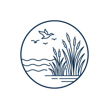 Circular nature scene with flying birds and marsh reeds.
