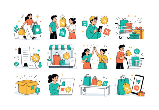 Big Summer Sale. Summer shopping promotion, bargain season, online deals, shopping bags, discount tags, gifts, receipts and festive retail event. 12 minimalist editorial vector scenes: a shopper