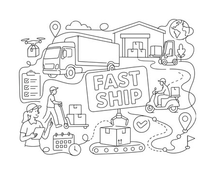 Delivery Logistics Shipping Icons. Clean one-line drawing composition with truck, warehouse, map route, package conveyor across canvas, 2?3 characters, oversized cargo truck and parcel box, small