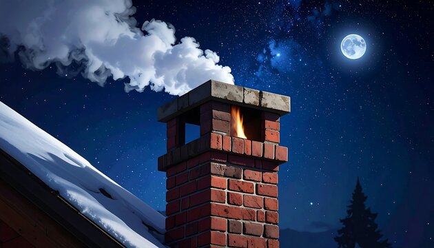 A snowy rooftop with a lit brick chimney emitting smoke under a starry night sky with a full moon