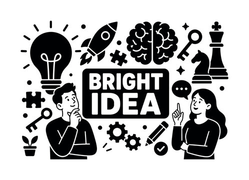Idea Creative Thinking Banner. Idea Creative Thinking banner illustration, oversized lightbulb and brain across edges, puzzle and key scattered, rocket and chess filling borders, 2 creative thinkers,