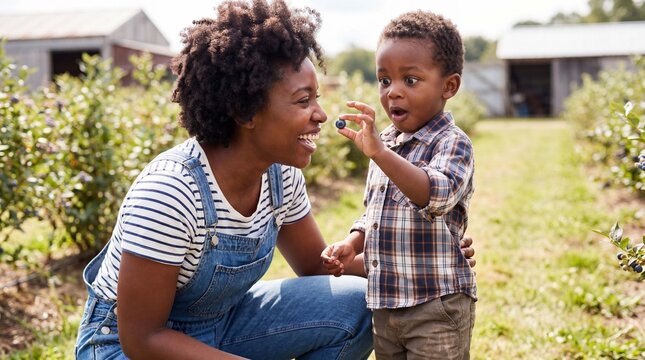 A Black mother kneels to her son's level as he proudly shows a freshly picked blueberry for lifestyle stock photography