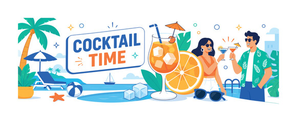 Fototapeta premium Cocktail Party banner, clean editorial composition with one wide summer refreshment party scene, 2 geometric guests toasting beside an oversized tropical drink and oversized citrus slice, pool and