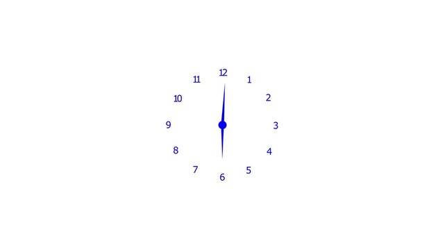  Clock face time lapse on white background.Clock icon  style 12 hours clock   twenty four hours lapse animation. blue colour Time ticking on classic wall clock.