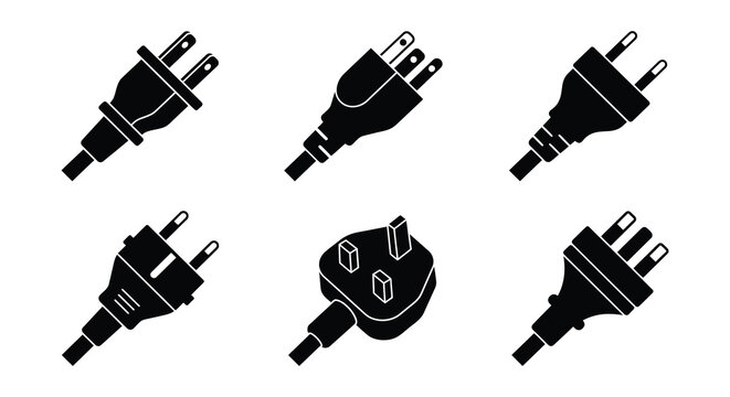 Assorted Electrical Plugs Black Silhouette On White Background