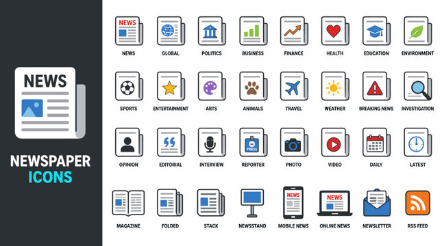 Collection of Newspaper Icon Symbols for UI Design.