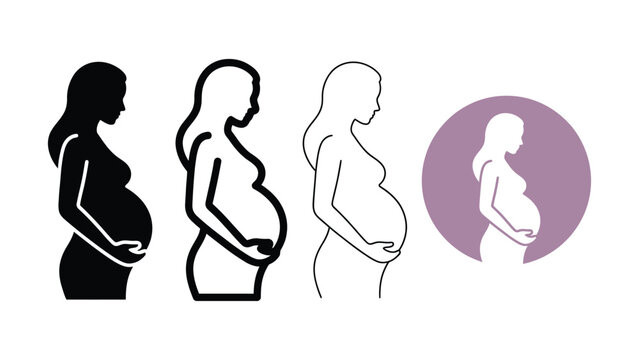 Pregnant woman silhouette icons in various colors and styles for pregnancy and maternity concepts