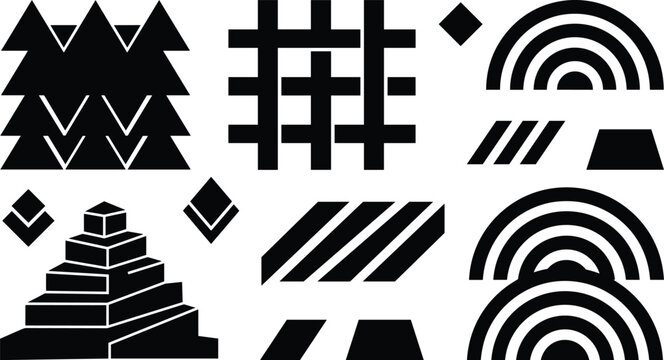Abstract Brutalist Geometric Vector Shapes Set Featuring Black Silhouette Triangles Grids Concentric Arcs Isometric Steps and Linear Striped Creative Branding Elements