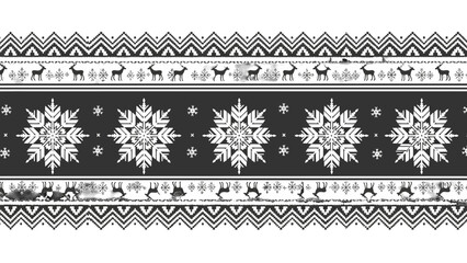 A seamless festive border design featuring snowflakes and reindeer in a traditional Nordic pattern. © badoet