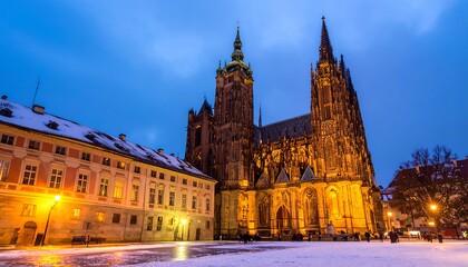 Obraz premium A snow-covered city square at dusk with a large Gothic cathedral and adjacent buildings