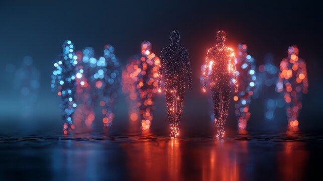Digital Human Identities are composed of data figures moving across a network, a stipple silhouette, a halftone silhouette, or a dotwork figure. 
