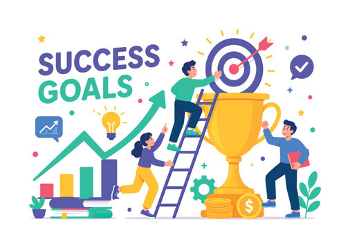 Business Goals Achievement Line Business Goals Achievement scene with 2?3 business characters climbing oversized trophy ladder toward glowing target board and growth graph spanning full canvas, small