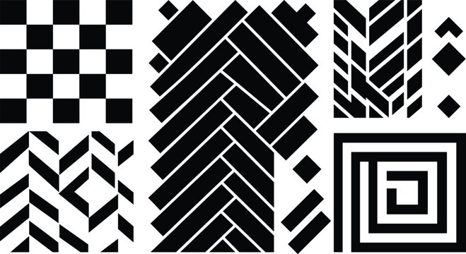 Abstract Geometric Vector Pattern Elements Set with Black Chevron Herringbone Checkerboard Parquet and Maze Shapes for Modern Graphic Textures Architecture Layouts