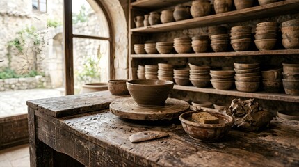 Fototapeta premium Unfinished clay bowl on a pottery wheel in a rustic ceramic workshop