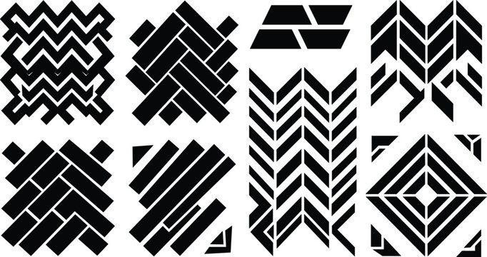 Abstract Geometric Vector Pattern Elements Set with Black Chevron Herringbone Zigzag and Parquet Shapes for Modern Graphic Textures Architecture and Branding Designs