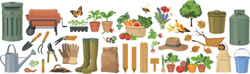 Gardening tools and backyard equipment vector graphic element set featuring rubber boots watering cans wheelbarrows pruners hand shovels and compost bins. © Md