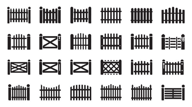 Miniature garden fence and farm gate silhouettes for landscape map and architectural icons.