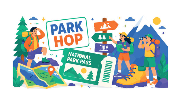 National Park Hopper banner scene with three expressive stylized human hikers visiting parks around an oversized trail sign and giant park pass, mountain peak reaching top edge, backpack touching side