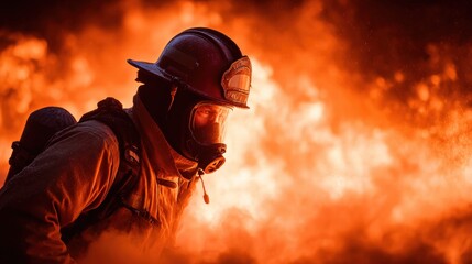Obraz premium Brave firefighter in action battling a raging inferno with flames all around.