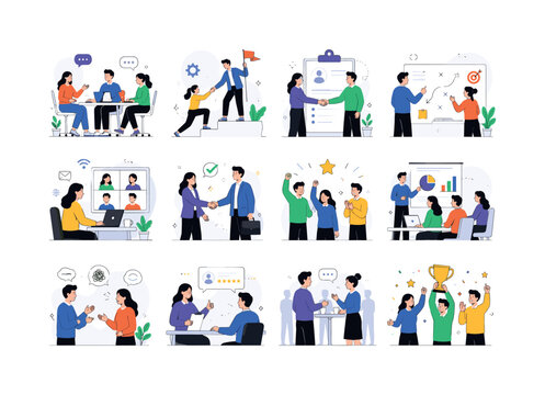 Business People Collaboration Growth. Collection of 12 minimalist editorial vector scenes: office teamwork discussion, leadership guidance moment, employee onboarding process, business strategy
