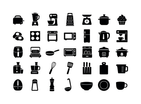 Kitchen Cooking Appliances Icons Set. Kitchen Cooking Appliances Solid glyph icon set of toaster, blender, mixer, grater, scale, pot, cupcake, fried eggs, stove, oven, microwave, fridge, kettle,