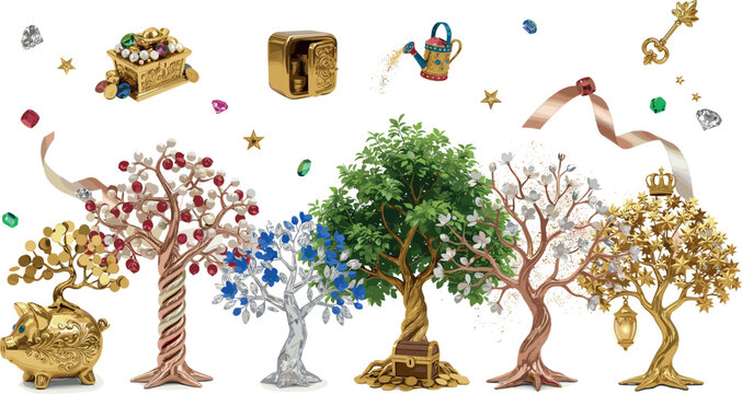 Luxury money tree vector collection with golden piggy banks jewel trees treasure chests safe boxes and floating gems representing elite wealth creation and abundance.