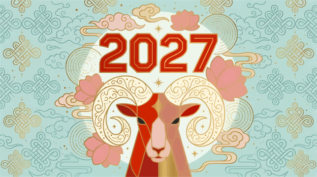 Flat Vector Illustration Celebrating Chinese New Year 2027 with Ram Zodiac Symbol, Lotus Flowers, and Auspicious Knots on Teal Background