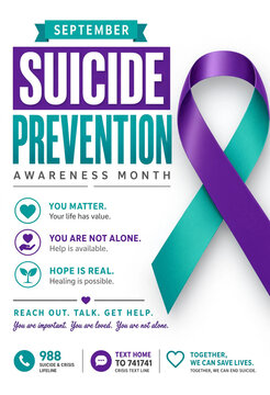 Suicide prevention awareness month poster with purple and teal ribbon  support and help