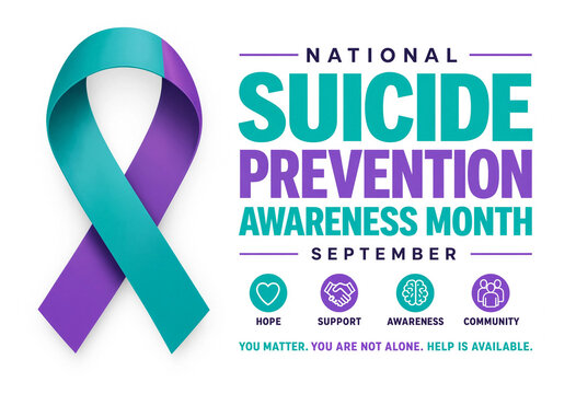 Suicide prevention awareness month with purple and teal ribbon and icons on white background