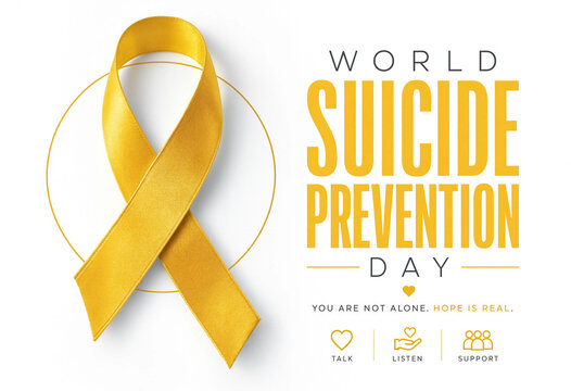 World Suicide Prevention Day awareness campaign symbol with yellow ribbon and text on white background